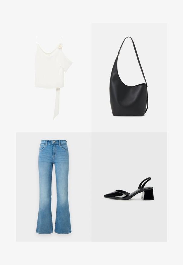Valkea paita, jossa on yksi olka, ja toisella puolella kukkakoriste sekä pitkä sidottu paneeli vyötäröllä. Tasainen tekstuuri.; Vaaleansiniset farkut, joissa on leveät lahkeet, etutaskut, vyölenkit ja nappikiinnitys valkoista taustaa vasten.; Mustat patentoitu nahkakengät, joissa on säären takaosa ja terävä kärki, sekä geometrinen palikkakorko. Sisältää tyylikkään, minimalistisen muotoilun ja sileän pinnan.; Musta nahkainen hobo-laukku, jossa on sileä pinta, kaareva muoto ja yksi säädettävä olkahihna; sisäänkäynti on leveä ylhäältä.