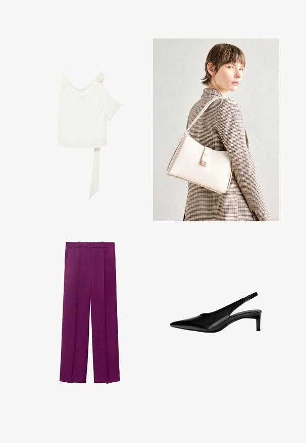 Witte blouse met een een-schouderontwerp, met een bloemaccent aan de ene kant en een lange, gestrikte strook om de taille. Soepele textuur.; Paarse wijde broek gemaakt van een soepele stof, met een op maat gemaakte tailleband en twee voorplooien voor extra structuur.; Zwarte leren slingback-schoen met een puntige neus, lage hak en uitsnijdingen aan de zijkanten. Glad textuur met een elegante uitstraling.; Witte leren handtas met een gestructureerd ontwerp, voorzien van een magneetsluiting en een schouderriem, tentoongesteld tegen een neutrale achtergrond.