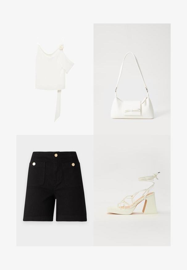 Bijela bluzica s dizajnom jednog ramena, koja s jedne strane ima cvjetni detalj i dugu, vezanu traku u struku. Glatka tekstura.; Crne traper kratke hlače s visokim strukom, koje imaju dva prednja džepa i zlatne metalne tipke za zatvaranje i ukrase. Glatka tekstura.; Bijela sandala na visokoj potpetici s debelim petom, s remenom i vezanjem oko gležnja. Glatka tekstura s platformom sprijeda za dodatnu visinu.; Bijela sintetička torbica s trokutastim oblikom, ravnim prednjim poklopcem i detaljem u obliku mašne, podesivom remenom, glatkom teksturom i minimalističkim dizajnom.