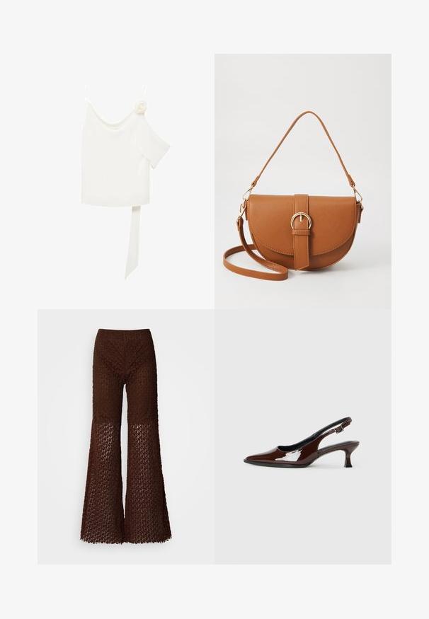 Bijela bluzica s dizajnom jednog ramena, koja s jedne strane ima cvjetni detalj i dugu, vezanu traku u struku. Glatka tekstura.; Smeđe kukičane rasplesane hlače s čipkastim uzorkom, s teksturiranim završetkom i širokim otvorima za noge, dizajnirane za ležeran kroj.; Smeđe patentne kožne cipele s otvorenom petom, špicastim vrhom i umjerenom petom. Imaju remen s kopčom za sigurno pristajanje. Glatka tekstura.; Smeđa kožna torba preko tijela s zakrivljenim oblikom, zlatnim metalnim detaljima i naglaskom na kopču. Ima odvojivu naramenicu.