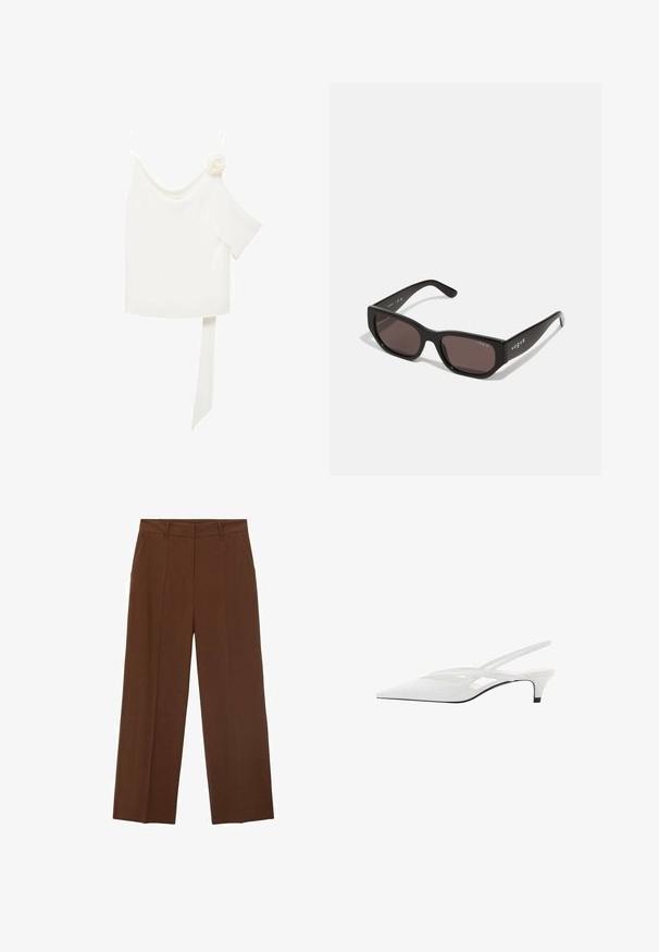 Bijela bluzica s dizajnom jednog ramena, koja s jedne strane ima cvjetni detalj i dugu, vezanu traku u struku. Glatka tekstura.; Smeđe hlače širokih nogavica izrađene od glatkog materijala s visokim strukom, s prednjim džepovima i urednim pregibom sprijeda.; Bijela slingback potpetica s oštrom punta, koja ima glatki gornji dio, suptilne izreze i nisku blok potpeticu. Crna potplata naglašava dizajn.; Crna pravokutna sunčana naočala s tamnim lećama. Imaju glatki plastični okvir i detalj sa logom na sljepoočnici. Čist, moderan dizajn.; Smeđa kožna torba preko tijela s zakrivljenim oblikom, zlatnim metalnim detaljima i naglaskom na kopču. Ima odvojivu naramenicu.