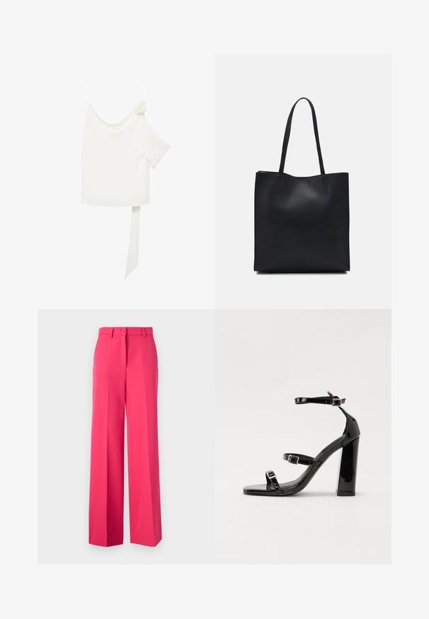 Bela bluza z enostranskim dizajnom, ki ima cvetni poudarek na eni strani in dolg, zavezan panel v pasu. Gladka tekstura.; Roza široke hlače z gladko teksturo, ki imajo gumbasto zaklepanje in zanke za pas, zasnovane za ohlapen kroj in prilagojen obliko.; Črne lakirane sandale s peto, kvadratnim prstom, trakovi okrog gležnja in srebrnimi zaponkami. Opremljene so s stabilno Debelo peto.; Črna usnjena torba s svilnato teksturo, pravokotne oblike in dvema dolgima ročajema. Brez vidnih metalnih delov ali okrasnih elementov.
