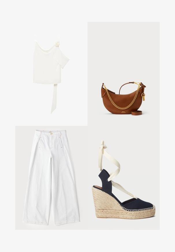 Biała bluzka z asymetrycznym krojem na jedno ramię, z kwiatowym akcentem po jednej stronie i długim, związanym panele przy talii. Gładka faktura.; Szerokie białe spodnie z denimu, z kontrastowym pomarańczowym szwem, fałdami z przodu i klasycznym pięciokieszeniowym designem.; Granatowe sandały na koturnie z płóciennym wierzchem, z plecioną podeszwą z juty i kremowymi wstążkami wiązanymi wokół kostki. Zapięty tył i okrągły czubek.; Brązowa skórzana torebka o zaokrąglonym kształcie, z złotym łańcuszkiem, wewnętrzną kieszenią oraz odczepianym paskiem na ramię. Posiada kontrastowe przeszycia.
