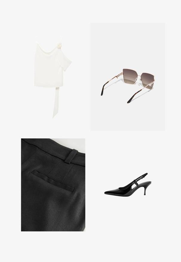 Blusa bianca con un design a spalla unica, caratterizzata da un'accento floreale su un lato e un lungo pannello legato in vita. Texture liscia.; Next RICH TAILORED JORT - Shorts - black; Pumps slingback in vernice nera con punta affusolata, ritagli laterali aperti, tacco sottile e cinturino alla caviglia regolabile.; Occhiali da sole con montatura metallica oro rosa, lenti angolari sfumate da marrone scuro a chiaro e motivo tartaruga sulle aste.; Borsa sintetica bianca a forma triangolare, con patta anteriore piatta e dettaglio a fiocco, tracolla regolabile, texture liscia e design minimalista.