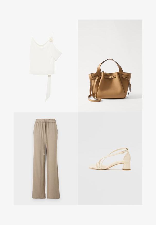 Bijela bluzica s dizajnom jednog ramena, koja s jedne strane ima cvjetni detalj i dugu, vezanu traku u struku. Glatka tekstura.; Bež hlače širokih nogavica izrađene od laganog materijala. Imaju elastični pojas s vezicom i bočne džepove. Glatka tekstura.; Bež sandale na visoku petu s blok petom, remenčićem i podesivom naramenicom, izrađene od glatkog sintetičkog materijala s mat završnom obradom.; Tory Burch ROMY PEBBLED SATCHEL - Ručna torba - tiramisu