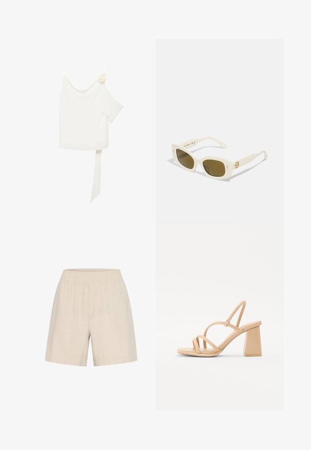 Bílá blůza s jedno-ramenným designem, která má květinový akcent na jedné straně a dlouhý, uvázaný panel v pase. Hladká textura.; Béžové lněné šortky s elastickým pasem, volný střih a hladká textura, navržené pro pohodlí a prodyšnost.; Nude vysoké sandály na podpatku se čtvercovým blokovým podpatkem, tenkými pásky a hladkým lesklým povrchem. Jednoduchý design s páskami nahoře.; Bílé plastové sluneční brýle s obdélníkovým rámem, hnědými skly a zlatým akcentem na spánku. Hladký povrch a moderní design.; Krémová kožená kabelka přes rameno s půlkruhovým tvarem, tenkým popruhem a jemnými švy. Minimalistický design s akcenty ve zlatém tónu.