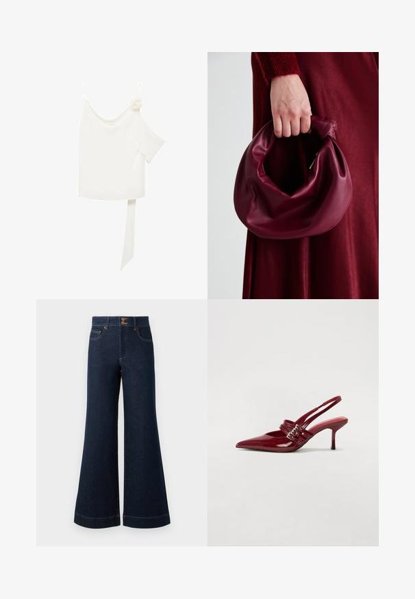 Bela bluza z enostranskim dizajnom, ki ima cvetni poudarek na eni strani in dolg, zavezan panel v pasu. Gladka tekstura.; Temno modri kavbojki z širokimi robovi, visokim pasom, sprednjimi žepi in kontrastnim zlatim šivanjem. Imajo dvojno zaponko.; Rde lakirane sandalete na peto s ostrim nosom, dvema sponkami in tanko, srednje visokim peto središče. Gladka tekstura.; Bordo usnjeni ročni torbici s mehak, nabrana zasnova in okrogla oblika. Ročaj je varen in prikazuje gladko teksturo.