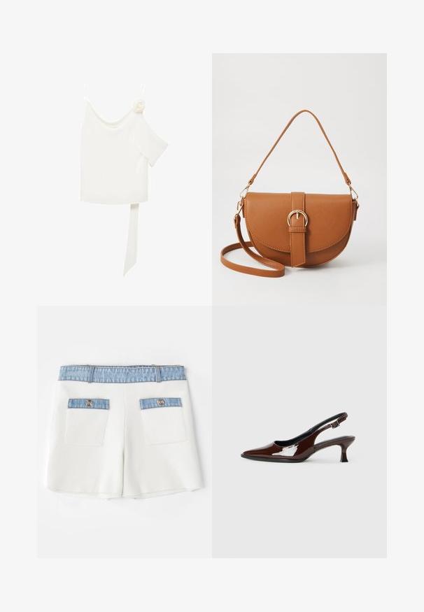 Weißes Blusenshirt mit einem schulterfreien Design, versehen mit einem floralen Akzent auf einer Seite und einem langen, gebundenen Paneel an der Taille. Glatte Textur.; Maje IRSALA - Shorts - ecru; Braune Lackleder-Slingback-Schuhe mit spitzer Zehe und moderatem Absatz. Mit einem Schnallenriemen für einen sicheren Sitz. Glatte Textur.; Braune Leder-Crossbody-Tasche mit geschwungener Form, goldfarbenen Beschlägen und einer Schnallenakzentuierung. Verfügt über einen abnehmbaren Schultergurt.