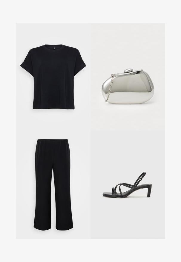Vero Moda Curve VMCHALI - Osnovna majica kratkih rukava - black; Crne široke hlače od glatkog materijala s elastičnom trakom. Jednostavan dizajn, bez uzoraka ili vidljivih metalnih dijelova.; Crne sandale s trakama, kvadratnim prstom i niskom blok petom. Ima više tankih trakica i podesivu trakicu oko gležnja. Izrađene su od glatke kože.; Srebrna metalna torbica s zaobljenim, glatkim oblikom. Ima kopču i odvojivu lančanu naramenicu. Reflektira površinu bez uzoraka.
