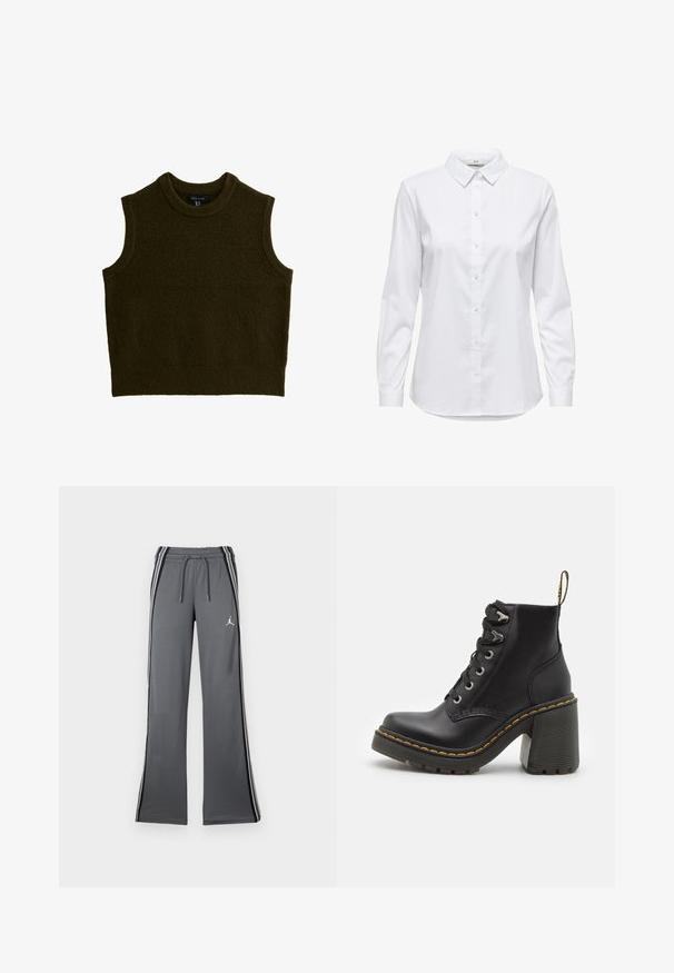 Donkergroene mouwloze gebreide trui met een ronde halslijn, zachte textuur en ribgebreide randen, met een relaxte pasvorm en zonder zichtbare patronen.; Witte overhemd met lange mouwen, gestructureerde kraag en afgeronde zoom. Gemaakt van een gladde, effen stof zonder zichtbare patronen of accenten.; Grijze trainingsbroek met een koord in de taille, zijstrepen en een klein logo. Gemaakt van zacht materiaal, met een wijd pootontwerp en een gladde textuur.; Zwarte leren enkelboot met een dikke hoge hak, vetersluiting aan de voorkant, metalen oogjes en gele stiksels langs de zool. Getextureerde rubberen zool.