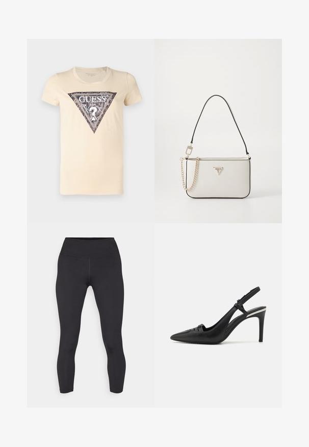Tejfehér színű póló, középen fekete és ezüst háromszög alakú logóval, amelyen kérdőjel részlet található. Puha pamut anyag.; Fekete leggings, magas derékkal, sima, rugalmas anyagból készült. Lapokban varrott varrással és testhezálló kialakítással rendelkezik.; Fekete, hegyes orrú, magassarkú slingback cipő sima bőrből, apró csattal és texturált díszítésekkel a felsőrészen.; Fehér textúrájú kézitáska fekete élzéssel, arany lánc pánttal, levehető vállpánttal, és háromszög alakú logó dísszel.