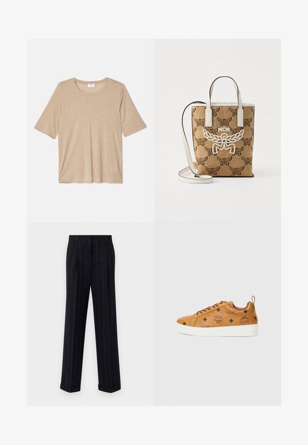 Filippa K ELENA TEE - T-shirt con stampa - sandstone; Pantaloni neri a righe sottili con una vestibilità su misura, dotati di orlo con risvolto e pieghe frontali. Realizzati in un tessuto liscio con un design strutturato.; Sneaker in pelle marrone con suole in gomma bianca a contrasto, caratterizzate da motivi a rombo neri e loghi MCM di lato. Include lacci e un'etichetta posteriore.; Borsa intrecciata marrone con un motivo dettagliato; accenti in pelle bianca; logo MCM in bianco; manici corti e tracolla staccabile.