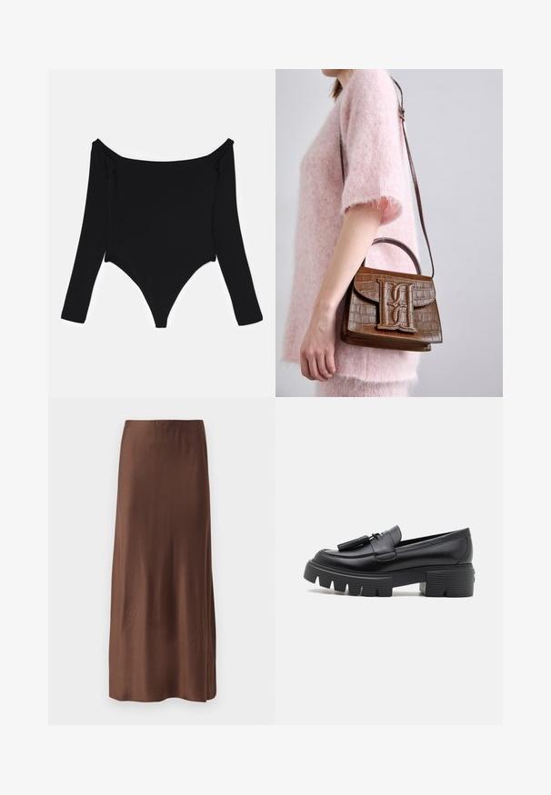 Black long-sleeve bodysuit featuring an off-the-shoulder neckline, smooth texture, and a high-cut leg design with side ruching details.; Brown satin midi skirt with a smooth texture, featuring a straight cut and no visible patterns or embellishments. Simple and elegant design.; Stuart Weitzman NOLITA TASSEL LOAFER - Platform heels - black; Brown crocodile-embossed handbag with a top handle and shoulder strap. Features a prominent logo on the front flap. Soft texture.