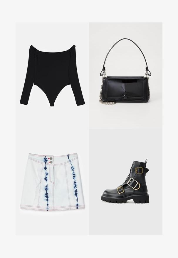 Mustalane varrukatega bodysuit, millel on õlavarrelt avatud kaelus, sile tekstuur ja kõrge lõikega jalad külgkorjetega detailidega.; Hele sinine teksaseelik tumehallide sidumismustritega. Omab punaseid õmblusi ja kahte esist nuppu. Lühike pikkus ja kitsas lõige.; Mustad nahast pahkluu saapad, millel on paks tald, mitmete rihmade ja kuldsete detailidega. Sile tekstuur, robustne disain.; Mustmust mustkott mustmust mustkott, millel on ristkülikukujuline kuju, kettstrap ja silmapaistev viimistlusaktsent keskel. Sile tekstuur.