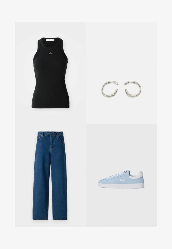 Black sleeveless ribbed tank top with a crew neck and small green Lacoste crocodile logo centered below the neckline.; Wide-leg denim jeans in dark blue. High waist design with a belt loop and front pockets. Smooth texture and classic five-pocket styling.; Light blue suede sneakers with white laces and rubber sole. Features a small silver logo on the side and a white leather heel tab.; Silver hoop earrings with a smooth, rounded design and a sleek, polished finish. Features a minimalistic shape with a slight opening.