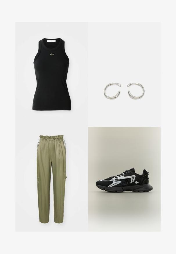 Svart ermeløs ribbet tanktopp med rund hals og liten grønn Lacoste krokodillelogo sentrert under halslinjen.; Olivengrønne cargo-bukser med elastisk snoreliv, smalnende ben og en sidelomme. Glat stof med mat overflade.; Svarte sportsko med nettpaneler, sølvdetaljer og teksturerte svarte overlegg. Har lisser og en buet, robust såle.; Sølv hoop øredobber med en glatt, avrundet design og en elegant, polert finish. Har en minimalistsk form med en liten åpning.