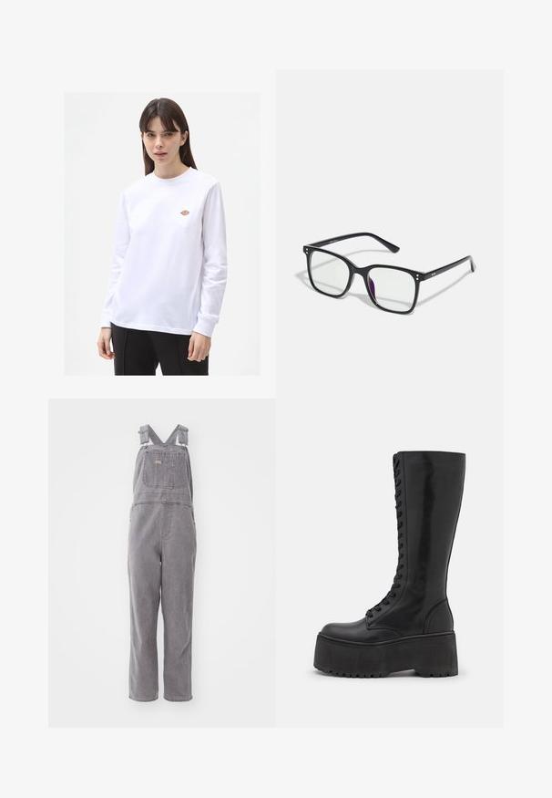 Biała, długosleeve koszulka wykonana z bawełny. Posiada małe, kolorowe logo na piersi, okrągły dekolt i luźny fason.; Szare dżinsowe ogrodniczki z regulowanymi ramiączkami, przednią kieszenią i luźnym krojem. Posiadają nogawki o prostym kroju i jednolitą kolorystykę.; Zign LEATHER - Kozaki sznurowane; Czarne prostokątne okulary z przezroczystymi soczewkami, z złotymi akcentami na oprawkach i lekkim fioletowym odcieniem na jednej z soczewek.; Czarna skórzana torba na ramię o gładkiej fakturze, zaokrąglonym wierzchu i pojedynczym pasku. Posiada zamek błyskawiczny i minimalistyczny design.