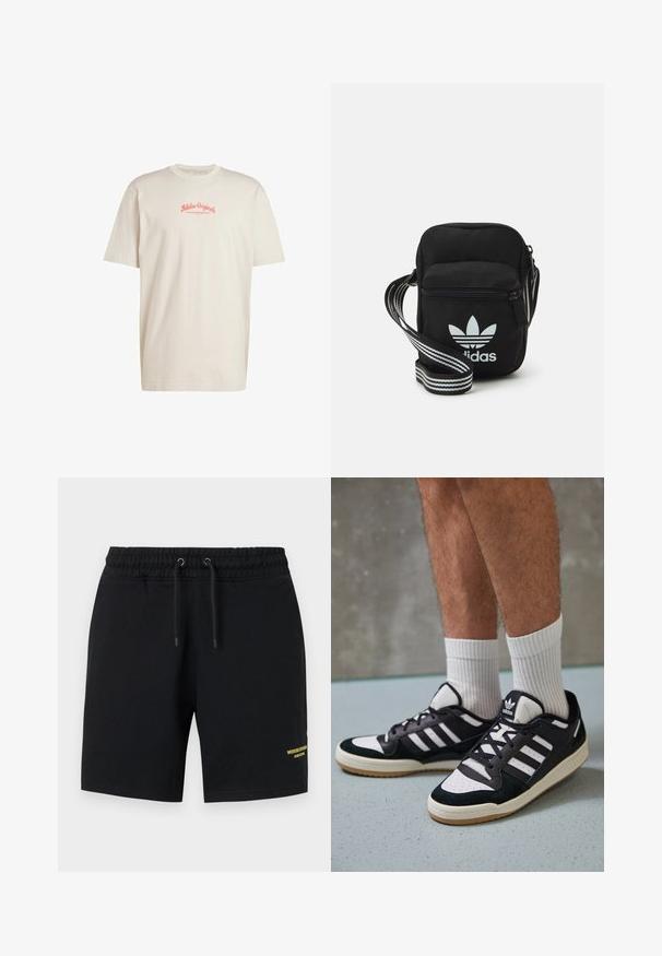 Beige Baumwoll-T-Shirt mit rundem Halsausschnitt und kurzen Ärmeln, mit dem "Adidas Originals"-Logo in Koralle über "Superior Sporting Goods."; Schwarze Shorts aus Baumwolle mit einem elastischen Bund, Kordelzug-Detail und gelbem Textakzent am unteren linken Bein.; Schwarz-weiße Sneaker mit einem Obermaterial aus Wildleder und Leder, ausgestattet mit drei weißen Streifen, einer perforierten Zehenpartie und einer Sohle aus Gummi.; Schwarze Umhängetasche aus Stoff mit Reißverschluss, ausgestattet mit einem weißen Adidas-Logo und einem gestreiften, verstellbaren Tragegurt für einfachen Transport.