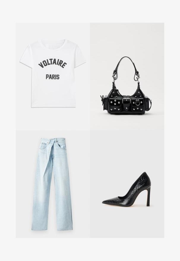 Valge puuvillane T-särk, millel on must graafiline tekst, mis loeb "VOLTAIRE" kaarekujulise pealkirjana "PARIS." Lühikesed varrukad ja ümmargune kaelus.; Heledad sinised laiad püksid, mis on valmistatud denimist, erilise ristuva vöökohtade ja viie-tasku disainiga. Sujuv tekstuur ja sirged lõiked.; Mustan teravaotsaga kõrge kontsaga king, millel on krokodillimustriga tekstuur, stiilne disain, kõrge stilettokonts ja sile must sisesisustus.; Must värvi nahast käekott, millel on kaarjas disain, hõbedased nupukesed, kinnitusahe ja kaks külgtaskut. Reguleeritav rihm erinevate kandmisvõimaluste jaoks.