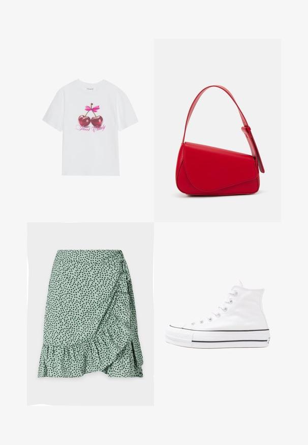 Fehér pamut póló, amelyen egy grafikával ellátott dizájn található, két fényes piros cseresznyével és egy rózsaszín masnival felette, valamint a "Sweet Candy" szöveggel rózsaszínben.; Zöld szövet szoknya fekete pöttyös mintával, fodros szegéllyel és oldalsó megkötős kialakítással. Simább textúra és könnyű anyag.; Fehér magaskorsó vászon sportcipő fekete gumi talppal, elülső gumi orrnyereggel és hat fűzőlyukkal, letisztult, minimalista dizájnnal.; Piros bőr kézitáska szögletes, geometrikus kialakítással. Egy állítható pánttal és varrott részletekkel ellátott fedélzárral rendelkezik.