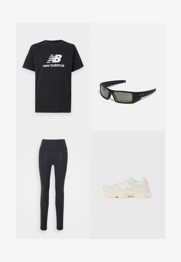Tricou din bumbac negru cu un logo alb New Balance și un design grafic pe față. Mâneci scurte și guler rotund.; Tricou din bumbac negru cu un logo alb New Balance și un design grafic pe față. Mâneci scurte și guler rotund.; Colanți negri dintr-un material elastic, cu un talie înaltă, design aderent și construcție fără cusături, potriviți pentru îmbrăcăminte sport.; Adidaș ușor, cu un superior din plasă și piele întoarsă în nuanțe de crem moale, cu o talpă groasă și accente tridimensionale.; Ochelari de soare negri cu o finisare mată, lentile dreptunghiulare, curbură ușoară pe bănci, detaliu subtil cu logo și lentile cu tentă fumurie.
