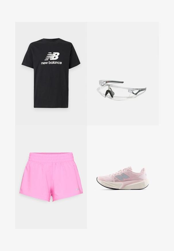 Mustvalge t-särk, millel on ees valge New Balance'i logo ja graafiline disain. Lühikesed varrukad ja ümar kaelus.; Sädelevad roosad spordilühikesed püksid elastse vöökohaga ja väikese halli Nike logo alumisel vasakul ääres, valge tausta ees.; Heledad roosa jooksutossud tekstureeritud võrkmaterjalist pealsega, hallid aksessuaarid, paks valge vahevöö ja paindlik must alltalda. Omab pehmendatud krae ja keelt.; Selged ohutusprillid kerge, läbipaistva raami ja hallide aktsentidega. Omab ümbritsevat disaini ja reguleeritavat ninatükki.