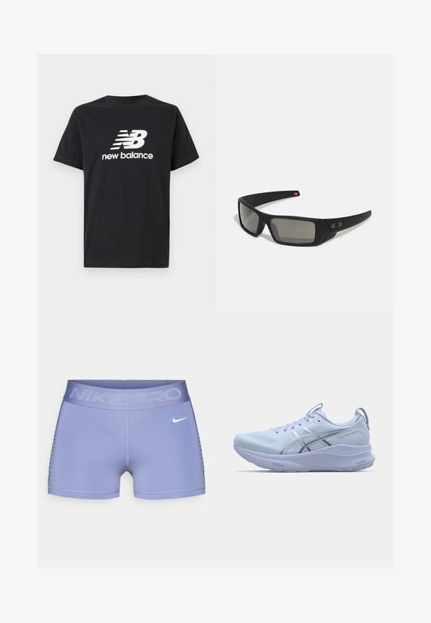 Fekete pamut póló, fehér New Balance logóval és grafikai dizájnnal az elején. Rövid ujjú és kerek nyakú.; Nike Pro kompressziós rövidnadrág világoslila színben, széles derékpánttal, amelyen a "NIKE PRO" felirat szerepel, sima textúrával és mintás oldalsó díszítéssel.; Világoskék futócipő, hálós felsőrésszel, fényvisszaverő ezüst díszítéssel, párnázott talppal és texturált gumitalppal a tapadás érdekében.; Fekete napszemüveg matt felülettel, téglalap alakú lencsékkel, enyhe ívvel a templomokon, diszkrét logó részlettel és füstszínű lencsékkel.