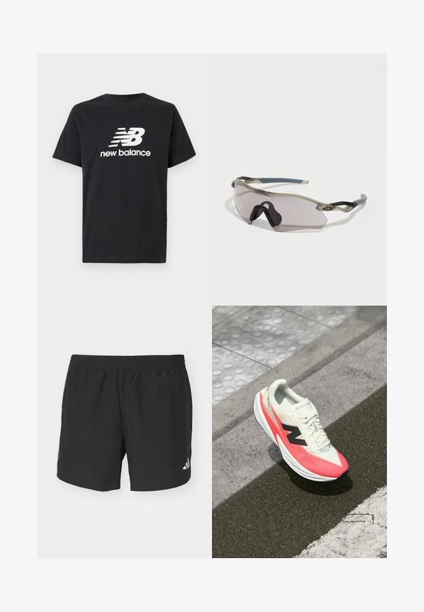 T-shirt de algodão preta com um logótipo branco da New Balance e design gráfico na frente. Mangas curtas e decote redondo.; Calças de desporto pretas com cintura elástica, rachas laterais e detalhes reflectores no logótipo. Feitas de um tecido leve e suave.; Sapato de corrida leve com um upper em creme, detalhes em rosa e um logótipo preto. Apresenta uma forma aerodinâmica e sola texturizada para tração.; Óculos de sol com uma armação cinza translúcida, lentes com tonalidade e design angular. Apresenta um suporte nasal distinto e hastes em cinza escuro texturizado.