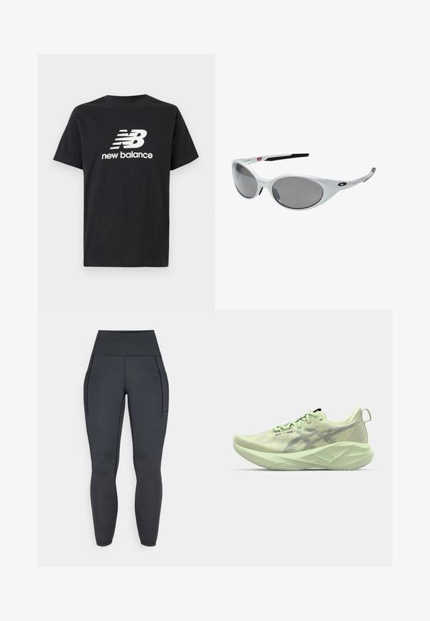 T-shirt en coton noir avec un logo New Balance et un design graphique blancs sur le devant. Manches courtes et col rond.; Leggings noirs taille haute en tissu extensible et lisse. Avec deux poches latérales et des coutures contrastées le long des coutures.; Baskets de sport vert clair avec une tige en mesh, des accents texturés et une semelle épaisse et angulaire pour un meilleur amorti et un soutien optimal.; Lunettes de soleil en plastique blanc avec de grandes lentilles ovales, teintées en gris. Caractéristiques de plaquettes noires et d'un petit logo sur la monture. Fini lisse.
