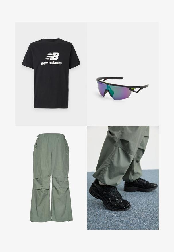 Czarna bawełniana koszulka z krótkim rękawem z białym logo New Balance i wzorem graficznym z przodu. Okrągły dekolt.; Jasnozielone, luźne spodnie cargo z elastycznym pasem, kieszeniami bocznymi i szerokimi nogawkami. Wykonane z lekkiego materiału o marszczonej fakturze.; Czarne sportowe sneakersy z błyszczącą i siateczkową teksturą, z grubą podeszwą i sznurowadłami, w połączeniu z luźnymi oliwkowymi spodniami cargo.; Okulary sportowe z czarną oprawką, dużą gradientową soczewką w odcieniach purpury i zieleni oraz kanciastym wzornictwem z detalem logo.