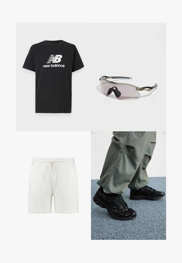 Sort bomulds-T-shirt med et hvidt New Balance-logo og grafisk design på forsiden. Korte ærmer og rund hals.; Hvide bomulds shorts med elastisk talje, justerbar snor og sidelommer. Glat tekstur, midt på låret længde.; Sorte atletiske sneakers med blanke og mesh teksturer, der har en tyk sål og snørebånd, parret med løse olivengrønne cargo bukser.; Solbriller med en gennemskinnelig grå stel, tonede linser og kantet design. Har en karakteristisk næsestykke og strukturerede mørkegrå tempelarme.