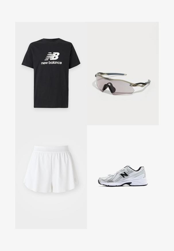 Zwarte katoenen T-shirt met een wit New Balance-logo en grafisch ontwerp op de voorkant. Korte mouwen en een ronde hals.; Witte sportieve shorts met een gladde textuur, elastische tailleband en uitlopende pasvorm. Bevat een klein logo aan de onderkant aan de rechterzijde.; Zilveren sportschoen van mesh-materiaal, met zwarte accenten, geperforeerd ontwerp en een gewatteerde witte zool. Bevat een prominent 'N' logo.; Zonnebril met een doorschijnend grijze frame, getinte lenzen en een hoekig ontwerp. Heeft een kenmerkend neusstuk en gestructureerde donkergrijze tempels.