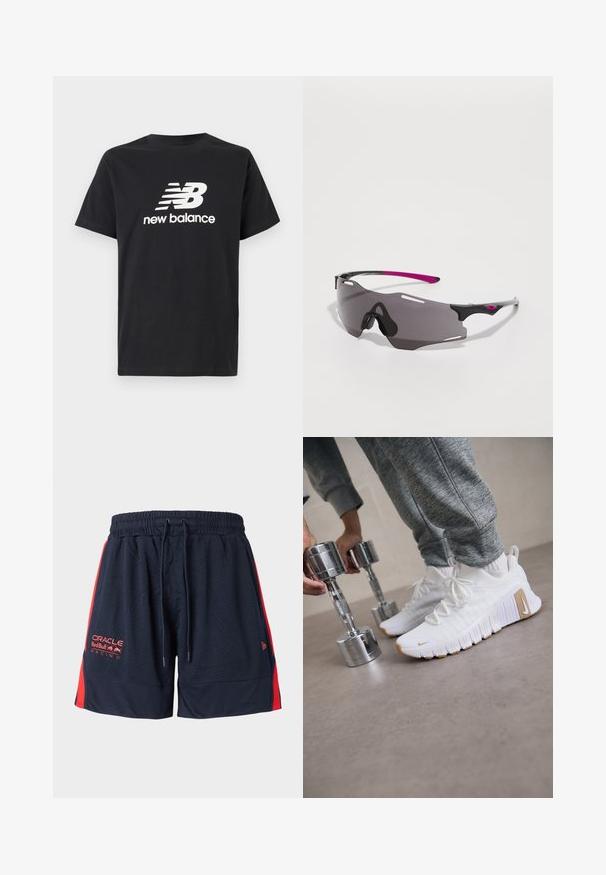 T-shirt de algodão preta com um logótipo branco da New Balance e design gráfico na frente. Mangas curtas e decote redondo.; Calções de malha azul-marinho com painéis laterais vermelhos. Apresentam um cós elástico e cordão ajustável. Incluem bordado do logo na coxa esquerda.; Tênis atléticos brancos com parte superior texturizada, sola de borracha plana e detalhes em marrom claro. Halteres prateados em primeiro plano. Calças de moletom cinzas visíveis.; Óculos de sol desportivos com uma armação preta elegante, detalhes em roxo e lentes escuras. Apresenta um design envolvente com ranhuras de ventilação.