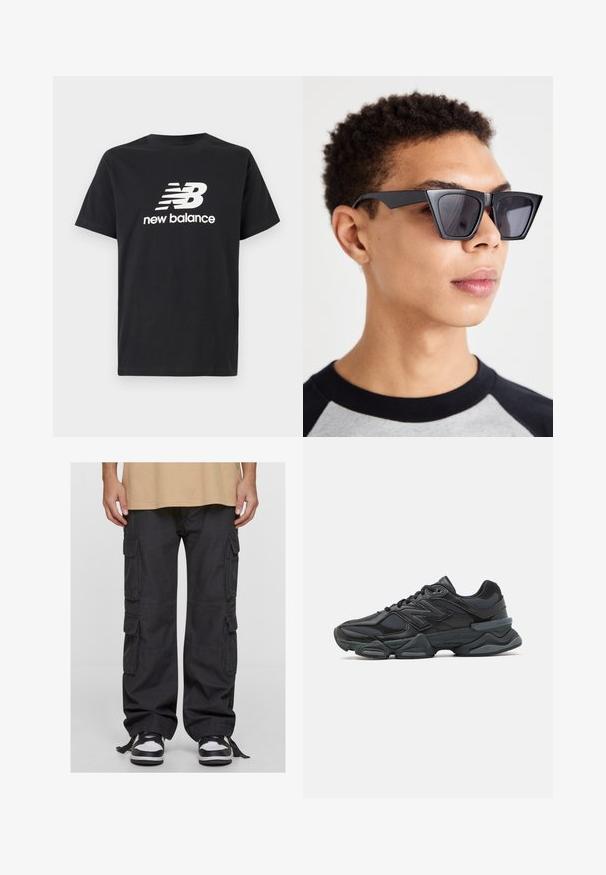Zwarte katoenen T-shirt met een wit New Balance-logo en grafisch ontwerp op de voorkant. Korte mouwen en een ronde hals.; Zwarte cargobroek van katoen, met meerdere zijvakken, een losse fit en verstelbare banden bij de enkels. Gecombineerd met zwart-witte sneakers.; Zwarte hardloopschoen met een mix van mesh en synthetische materialen, een stevige zool, gebogen ontwerp en prominente branding op de zijkant.; Zwarte hoekige zonnebril met donkere lenzen, met een gedurfd geometrisch ontwerp en een matte afwerking. Draagt een persoon met kort haar.