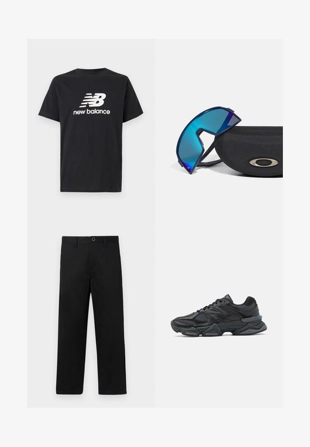 Black cotton T-shirt featuring a white New Balance logo and graphic design on the front. Short sleeves and a crew neck.; Black cotton trousers with a straight cut, featuring a standard waistband, belt loops, and a single button closure. Smooth texture, no patterns.; Black running shoe featuring a mix of mesh and synthetic materials, chunky sole, curved design, and prominent branding on the side.; Blue-tinted wraparound sunglasses with a sporty design, resting on a textured black case featuring a metallic logo accent.