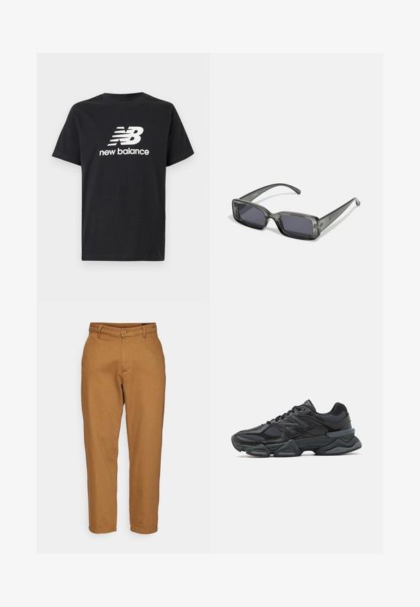 Černé bavlněné tričko s bílým logem a grafickým designem New Balance na přední straně. Krátké rukávy a kulatý výstřih.; Hnědé kalhoty rovného střihu s hladkou texturou, zapínáním na knoflík a poutky na opasek. Mají klasický design a žádné viditelné vzory.; Černá běžecká bota s kombinací síťoviny a syntetických materiálů, masivní podešev, zakřivený design a výrazné logo na boku.; Obdélníkové sluneční brýle s průhledným tmavě šedým rámem, tmavými skly a štíhlými ramínky. Výrazný detail loga na rámečku.