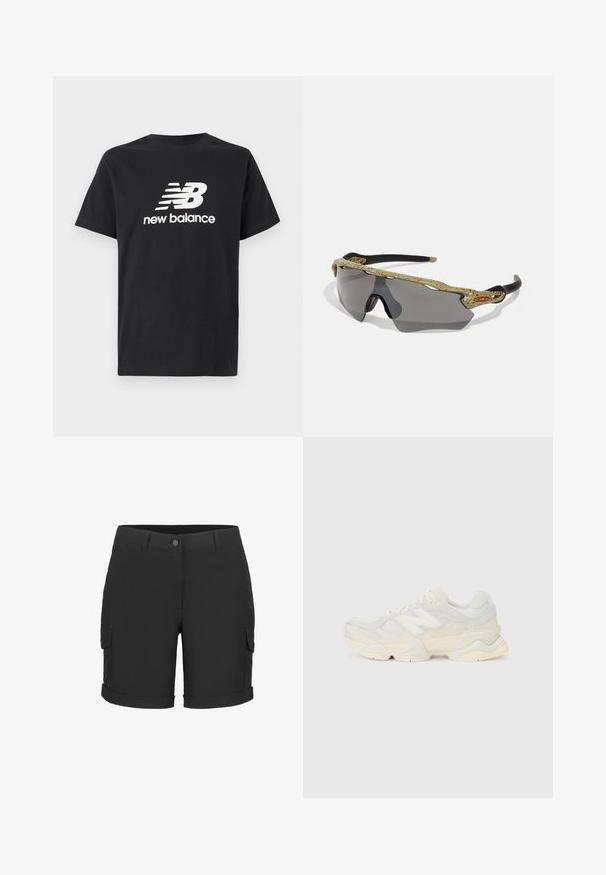 Zwarte katoenen T-shirt met een wit New Balance-logo en grafisch ontwerp op de voorkant. Korte mouwen en een ronde hals.; Zwarte cargoshorts met een drukknopsluiting, opgerolde zoom en meerdere zijzakken, gemaakt van lichtgewicht stof.; Lichte sneaker met een bovenwerk van mesh en suede in zachte crèmekleuren, met een chunky zool en driedimensionale accenten.; Sportzonnebril met een groen gepattereerd frame, zwarte armen en grijze lenzen. Het ontwerp heeft een omsluitende stijl met een gedurfde, sportieve vorm.