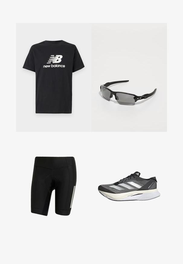 Schwarzes Baumwoll-T-Shirt mit einem weißen New Balance-Logo und Grafikdesign auf der Vorderseite. Kurze Ärmel und Rundhalsausschnitt.; Schwarze Radhosen aus elastischem Stoff. Mit gepolstertem Sitz, Flachnähte und weißen vertikalen Streifen auf der linken Seite.; Schwarz-weißer Sportschuh mit einem Obermaterial aus Mesh, featuring drei weiße Streifen, einer markanten Sohle mit der Aufschrift "LIGHTSTRIKE PRO" und einem aerodynamischen Design.; Schwarze Sportsonnenbrille mit grauen Gläsern, geschwungenem Rahmendesign und Logodetail an der Seite. Hergestellt aus leichtem Kunststoffmaterial.