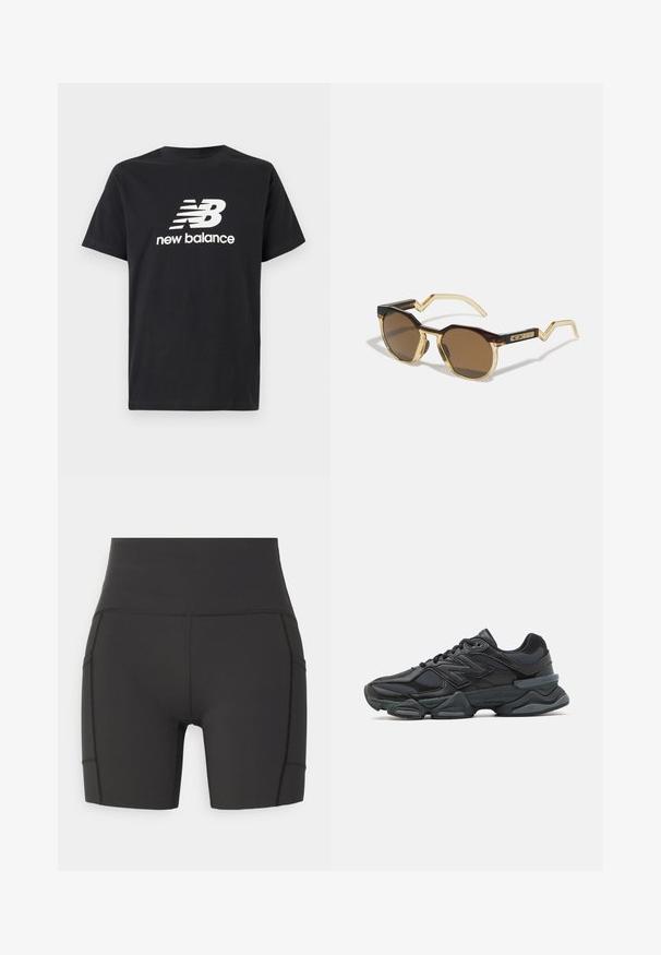 Svart bomulls T-skjorte med hvit New Balance-logo og grafisk design på forsiden. Korte ermer og rund hals.; New Balance SLEEK POCKET HIGH RISE SHORT - Tights - black; Svart løpesko med en blanding av mesh og syntetiske materialer, chunky såle, buet design og fremtredende merkevare på siden.; Brune, runde solbriller med en skildpaddefarget og klar lysegul ramme, kantede stenger og teksturert detaljering på templene.