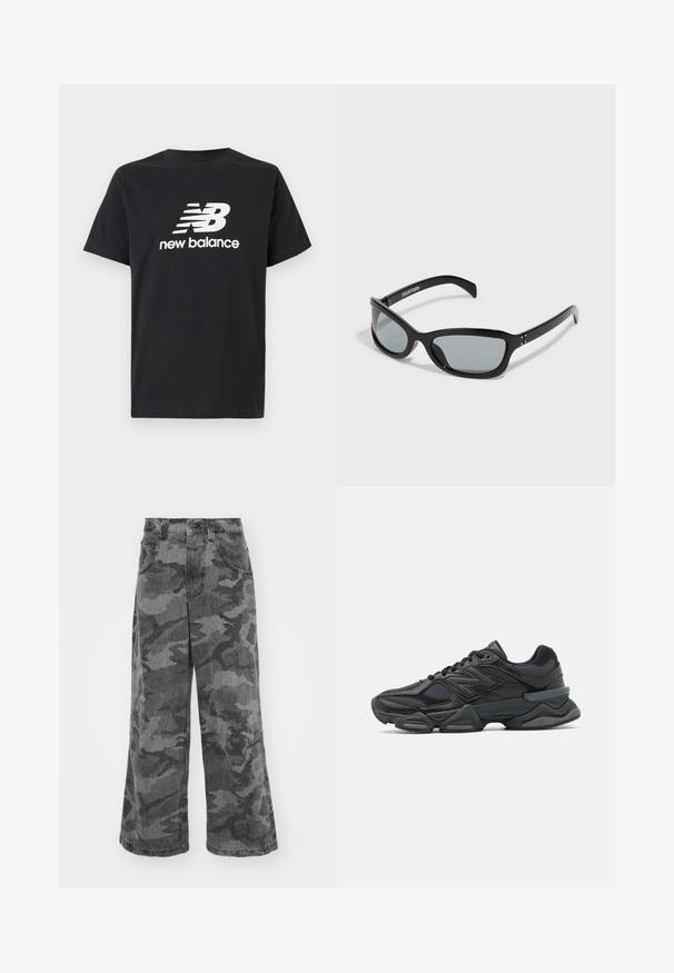 Svart bomulls T-skjorte med hvit New Balance-logo og grafisk design på forsiden. Korte ermer og rund hals.; Videbukser med kamuflasje-mønster i grå nyanser, laget av denim, med to sidelommer og høy midje-design. Teksturert stoff med trykket mønster.; Svart løpesko med en blanding av mesh og syntetiske materialer, chunky såle, buet design og fremtredende merkevare på siden.; Svart solbriller med en elegant, vinklet design. Har grå linser og glatte plastikkrammer. Inkluderer små metall detaljer og branding på armen.
