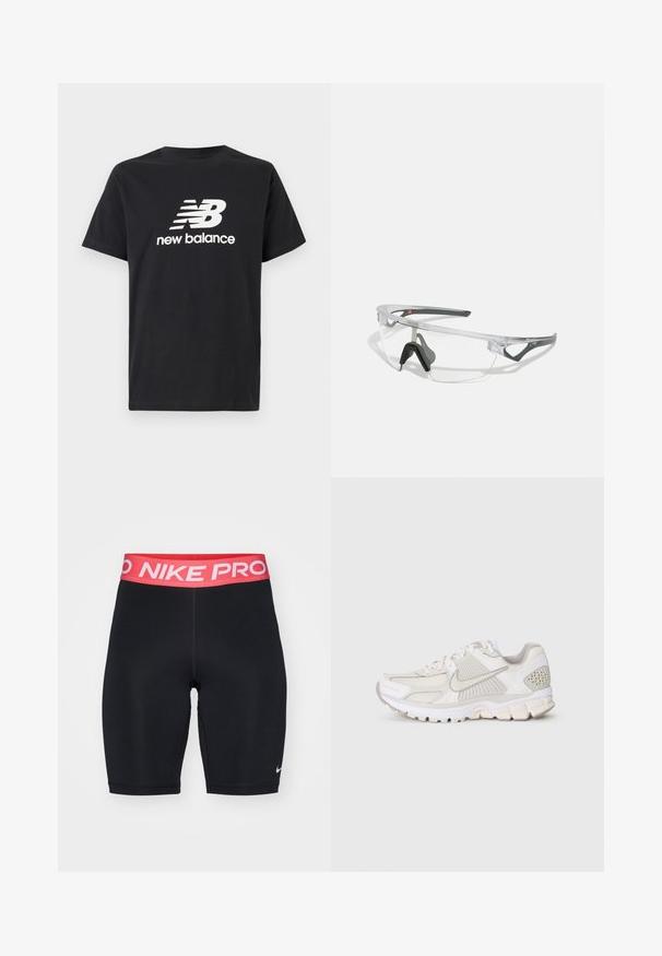 Juodas medvilnės marškinėliai su baltu New Balance logotipu ir grafiniu dizainu priekyje. Trumpi rankoviai ir apvalus kaklas.; Juodi sportiniai šortai su raudonu ir baltu „NIKE PRO“ elastingu juosmeniu, lygi tekstūra ir prigludusi forma, su mažu logotipu ant apatinės kojos.; Baldos spalvos sportinė avalynė, pagaminta iš tinklinės ir sintetinės medžiagos. Yra su tekstūruotu dizainu, paminkštintu apvadu ir geometriniais akcentais ant kulno.; Skaidrūs saugos akiniai su lengvu, skaidriu rėmeliu ir pilkiais akcentais. Yra apvalinimo dizainas ir reguliuojama nosies atrama.