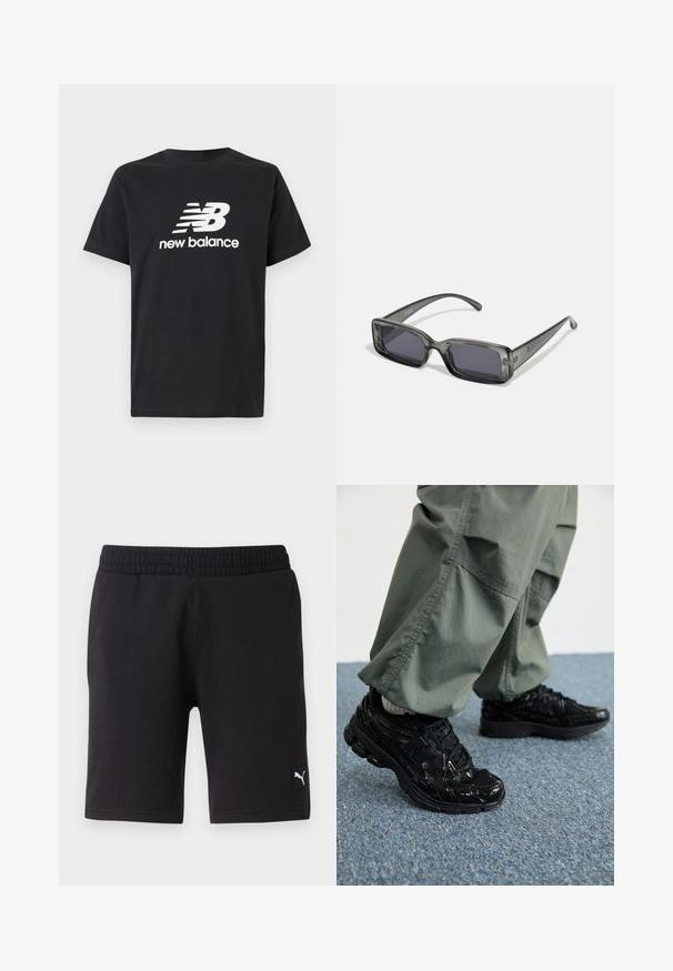 Zwarte katoenen T-shirt met een wit New Balance-logo en grafisch ontwerp op de voorkant. Korte mouwen en een ronde hals.; Zwarte sportshorts met een elastische tailleband, gemaakt van zachte stof, met een klein wit Puma-logo aan de rechteronderzijde.; Zwarte sport sneakers met glanzende en mesh texturen, voorzien van een dikke zool en veters, gecombineerd met losse olijfgroene cargobroeken.; Rechthoekige zonnebril met een doorschijnend donkergrijs montuur, donkere lenzen en slanke pootjes. Opvallend logo detail op het montuur.