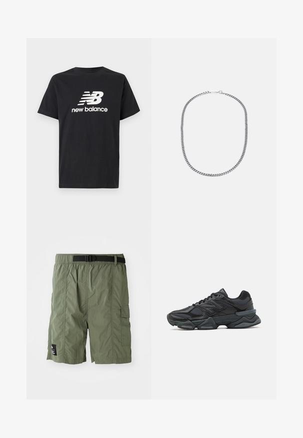 Juodas medvilnės marškinėliai su baltu New Balance logotipu ir grafiniu dizainu priekyje. Trumpi rankoviai ir apvalus kaklas.; Alyvuogių žalios spalvos cargo šortai su elastinga juosta ir juodu užsegimu. Turime šoninių kišenių ir mažą prekės ženklo etiketę ant apatinės kojos.; Juodas bėgimo batelis, pagamintas iš tinklinės ir sintetinės medžiagos, turintis stambų pado dizainą, kreivą formą ir ryškią prekės ženklą šone.; Sidabrinė metalinė grandinėlė su storais, tarpusavyje susijungiančiais žiedais, poliruota tekstūra ir maža sagtimi su prekių ženklo detalėmis.