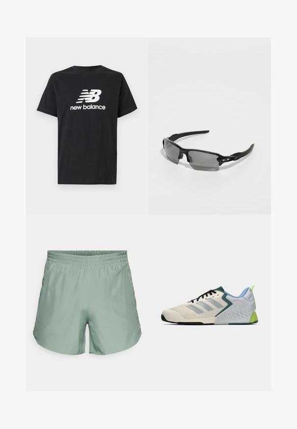 T-shirt en coton noir avec un logo New Balance et un design graphique blancs sur le devant. Manches courtes et col rond.; Shorts de sport vert clair avec une taille élastique, fabriqués en tissu lisse, présentant un logo discret sur le bas.; Baskets de sport légères avec une tige en mesh crème, des rayures grises, un accent vert et un contrefort de talon texturé bleu. Lacets noirs.; Lunettes de sport noires avec verres gris, design de cadre incurvé et détail de logo sur le côté. Fabriquées en matériau plastique léger.
