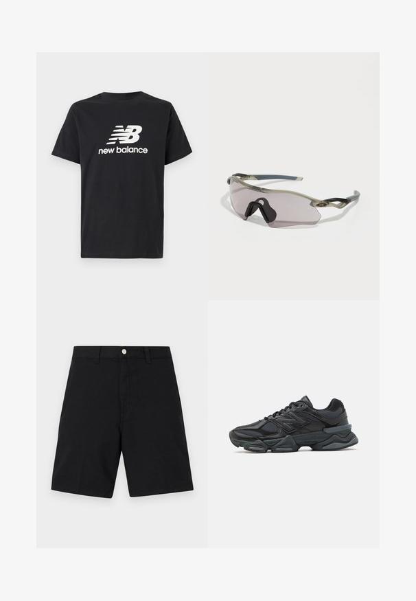 Černé bavlněné tričko s bílým logem a grafickým designem New Balance na přední straně. Krátké rukávy a kulatý výstřih.; Černé bavlněné šortky s páskem se stříbrným knoflíkem, rovný střih nohavic a minimální detaily šití pro čistý vzhled.; Černá běžecká bota s kombinací síťoviny a syntetických materiálů, masivní podešev, zakřivený design a výrazné logo na boku.; Sluneční brýle s průhledným šedým rámem, tónovanými skly a ostrým designem. Mají charakteristický nosník a texturované tmavě šedé spánkové obruby.