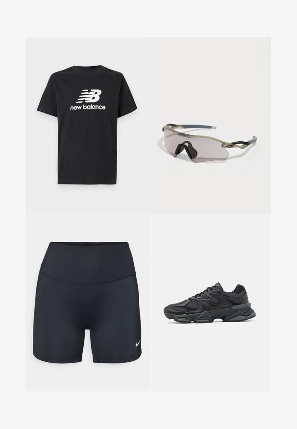 Mustvalge t-särk, millel on ees valge New Balance'i logo ja graafiline disain. Lühikesed varrukad ja ümar kaelus.; Nike mustad must shorts, mis tadelda kanga, mille tasub kõrge vöökoht ja logo aktsent vasakul all.; Mustad mustus jooksukeng, mis sisaldab segu võrgust ja sünteetilisest materjalist, jäme talla, kaarduv disain ja silmapaistev bränding külgedel.; Prillid läbipaistva halli raami, toonitud objektiivide ja nurkadega disainiga. Omab eristuvat ninaosa ja tekstureeritud tumeda halli kõrvaklappi.
