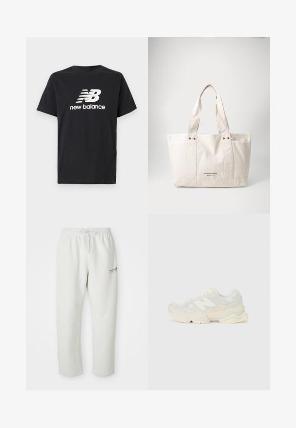 Tricou din bumbac negru cu un logo alb New Balance și un design grafic pe față. Mâneci scurte și guler rotund.; Pantaloni de jogging gri deschis, confecționați dintr-un material moale, având un brâu elastic cu șnur și un detaliu mic al logo-ului pe coapsa stângă.; Adidaș ușor, cu un superior din plasă și piele întoarsă în nuanțe de crem moale, cu o talpă groasă și accente tridimensionale.; Geantă din pânză în bej deschis, cu două mânere rezistente, trimuri albe contrastante și logo-ul "THE NORTH FACE" în negru pe partea din față.