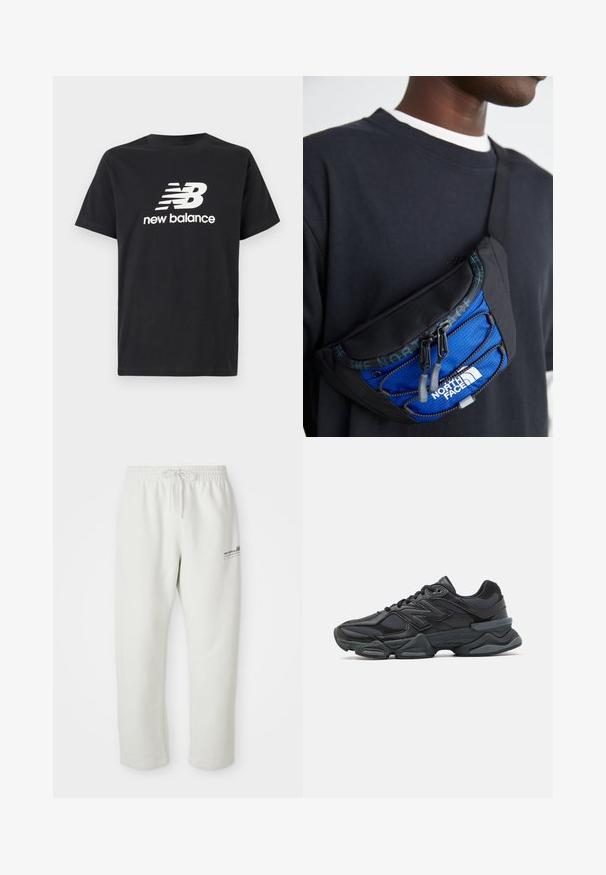 Μαύρο βαμβακερό T-shirt με λευκό λογότυπο της New Balance και γραφικό σχέδιο μπροστά. Κοντά μανίκια και στρογγυλή λαιμόκοψη.; Ανοιχτού γκρι φόρμες από μαλακό ύφασμα, με ελαστική μέση και κορδόνι σύσφιξης, καθώς και μια μικρή λεπτομέρεια λογότυπου στο αριστερό μηρό.; Μαύρο αθλητικό παπούτσι με συνδυασμό πλέγματος και συνθετικών υλικών, χοντρή σόλα, καμπυλωτό σχέδιο και έντονη επωνυμία στο πλάι.; Μαύρη τσάντα χιαστί από ύφασμα με μπλε διχτυωτό πάνελ, διπλές θήκες με φερμουάρ και ρυθμιζόμενο λουρί. Περιλαμβάνει το λογότυπο "The North Face" μπροστά.