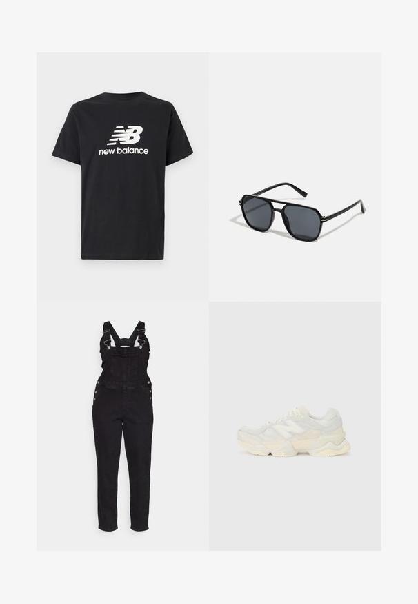 Black cotton T-shirt featuring a white New Balance logo and graphic design on the front. Short sleeves and a crew neck.; Black denim overall with adjustable straps, side buttons, and tapered legs. Upper section features a front pocket and a classic design.; Lightweight sneaker featuring a mesh and suede upper in soft cream tones, with a chunky sole and three-dimensional accents.; Black sunglases with octagonal frame, dark lenses, glossy finish, thin temples, and gold accents on the front.; Black canvas tote bag with two sturdy handles, featuring metal accents and front pockets. The branding is displayed in white text at the bottom.