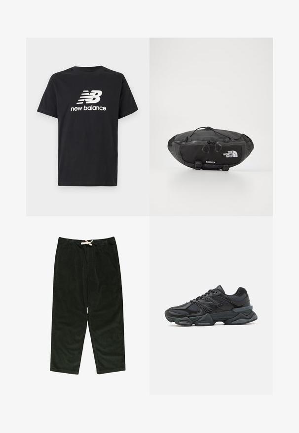 T-shirt in cotone nero con il logo bianco New Balance e un design grafico sul davanti. Maniche corte e collo a giro.; Pantaloni in corduroy verde scuro con vita elasticizzata e cordoncino, vestibilità ampia e tasche laterali. Texture morbida e design a gamba dritta.; Scarpa da corsa nera con una combinazione di materiali in rete e sintetici, suola spessa, design curvo e marchio ben visibile sul lato.; The North Face TERRA LUMBAR 3L UNISEX - Marsupio - asphalt grey/black